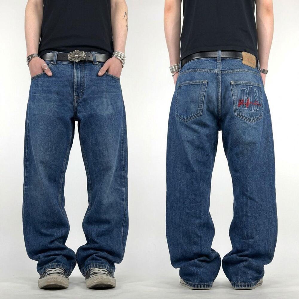 Vintage y2k embroidered faded stonewash grunge baggy wide leg jeans